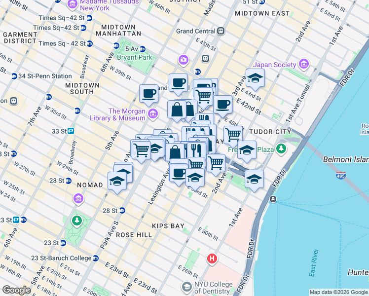 map of restaurants, bars, coffee shops, grocery stores, and more near 136 East 36th Street in New York