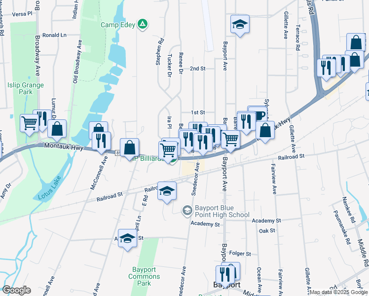 map of restaurants, bars, coffee shops, grocery stores, and more near 317 Bernice Drive in Bayport