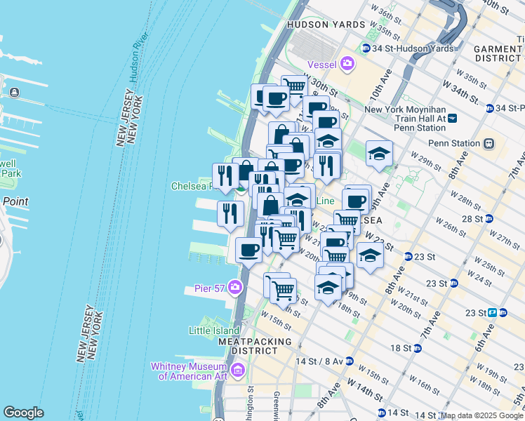 map of restaurants, bars, coffee shops, grocery stores, and more near 551 West 21st Street in New York