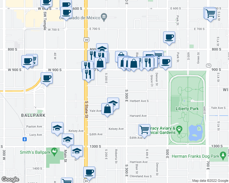 map of restaurants, bars, coffee shops, grocery stores, and more near 233 Williams Avenue in Salt Lake City