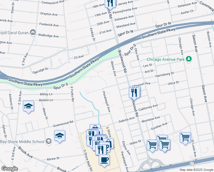 map of restaurants, bars, coffee shops, grocery stores, and more near 188 Newbrook Lane in Bay Shore