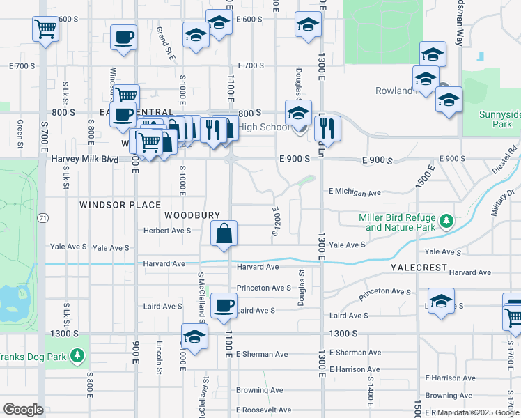 map of restaurants, bars, coffee shops, grocery stores, and more near 1160 East Michigan Avenue in Salt Lake City