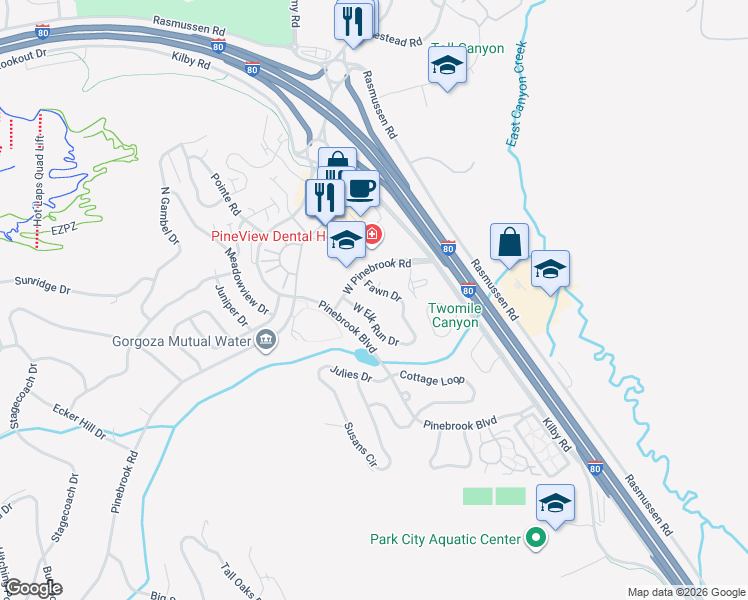 map of restaurants, bars, coffee shops, grocery stores, and more near 3083 Fawn Dr in Park City