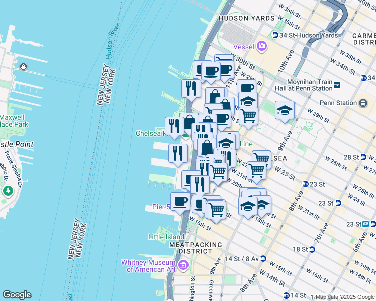 map of restaurants, bars, coffee shops, grocery stores, and more near 61 Chelsea Piers in New York