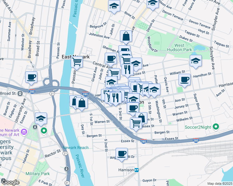 map of restaurants, bars, coffee shops, grocery stores, and more near 241 Hamilton Street in Harrison