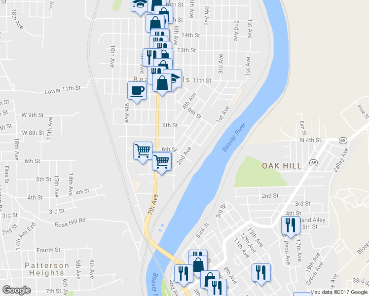 map of restaurants, bars, coffee shops, grocery stores, and more near 210 6th Street in Beaver Falls