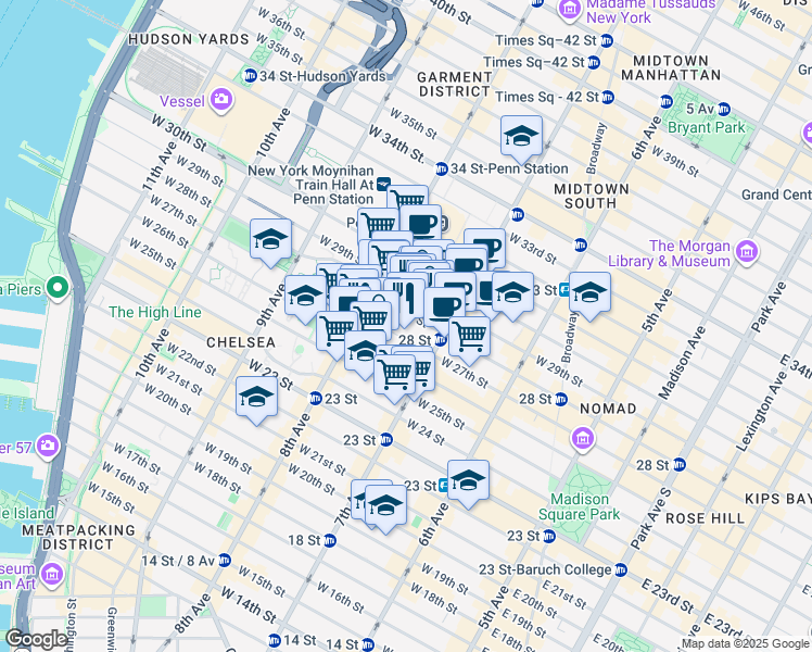 map of restaurants, bars, coffee shops, grocery stores, and more near 235 West 28th Street in New York