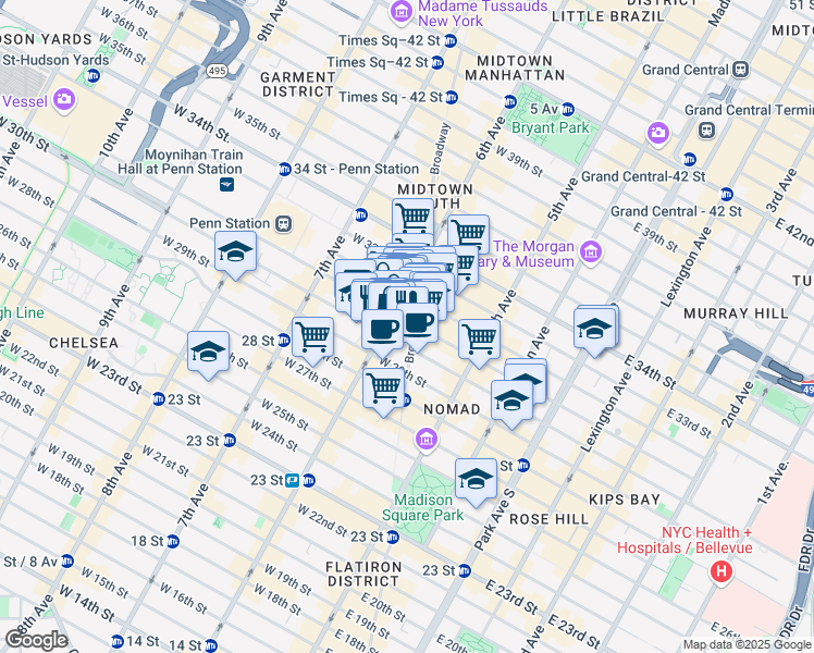 map of restaurants, bars, coffee shops, grocery stores, and more near 1245 Broadway in New York