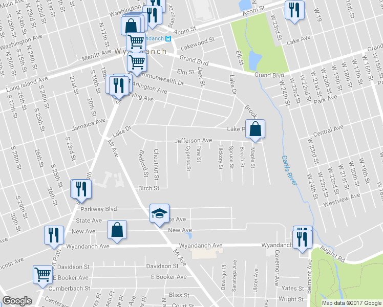 map of restaurants, bars, coffee shops, grocery stores, and more near 13 Cypress Street in Wyandanch
