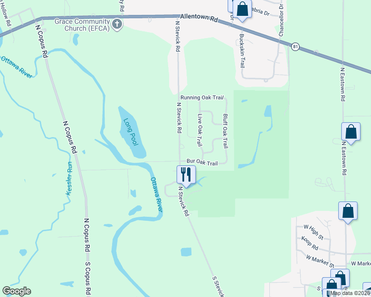 map of restaurants, bars, coffee shops, grocery stores, and more near 730 N Stevick Rd in Lima