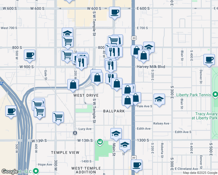 map of restaurants, bars, coffee shops, grocery stores, and more near 1031 South West Temple Street in Salt Lake City