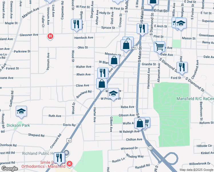 map of restaurants, bars, coffee shops, grocery stores, and more near 229 Lexington Avenue in Mansfield