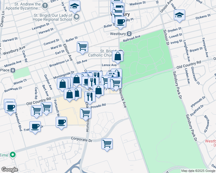 map of restaurants, bars, coffee shops, grocery stores, and more near 41 Old Country Road in Westbury