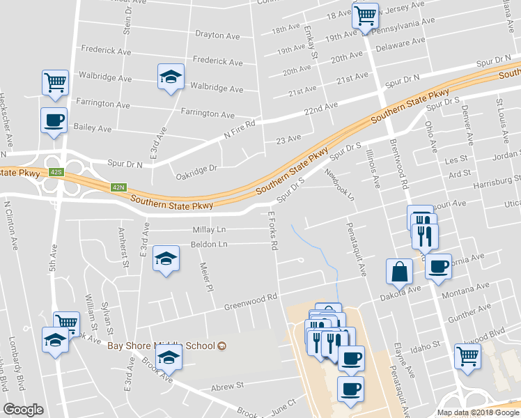 map of restaurants, bars, coffee shops, grocery stores, and more near 101 Clovernook Avenue in Bay Shore