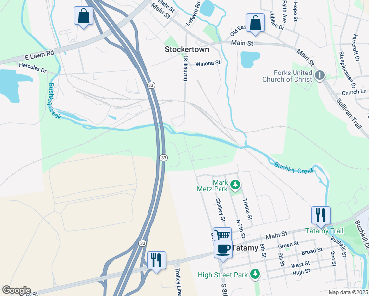 map of restaurants, bars, coffee shops, grocery stores, and more near 1540 Tatamy Road in Easton