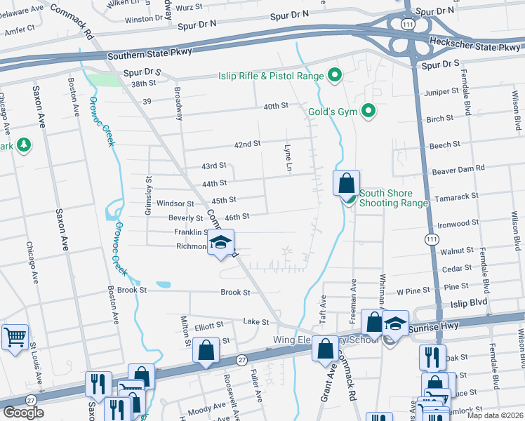 map of restaurants, bars, coffee shops, grocery stores, and more near 50 Grand Boulevard in Islip