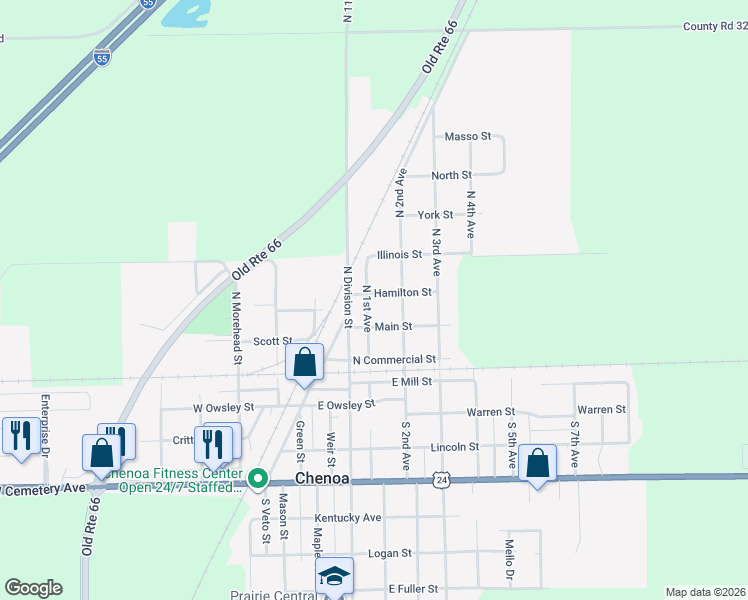 map of restaurants, bars, coffee shops, grocery stores, and more near 230 North 1st Avenue in Chenoa