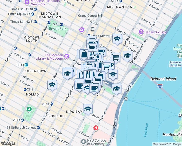 map of restaurants, bars, coffee shops, grocery stores, and more near 55456 3rd Avenue in New York