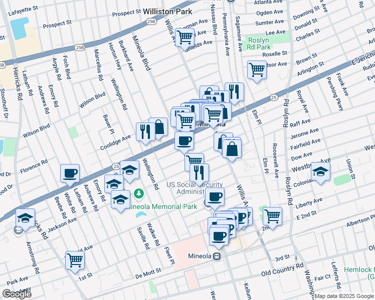 map of restaurants, bars, coffee shops, grocery stores, and more near 188 Jefferson Avenue in Mineola