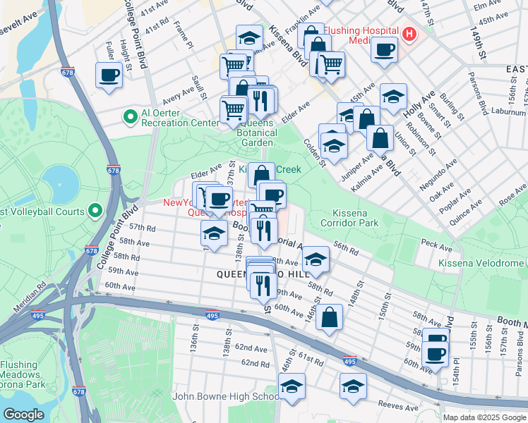 map of restaurants, bars, coffee shops, grocery stores, and more near 56-15 Main Street in Queens