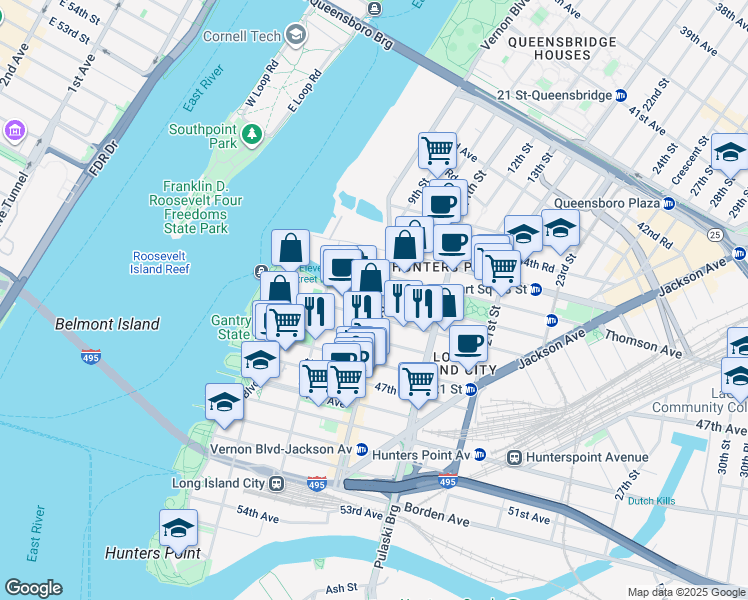 map of restaurants, bars, coffee shops, grocery stores, and more near 45-40 Vernon Boulevard in Queens