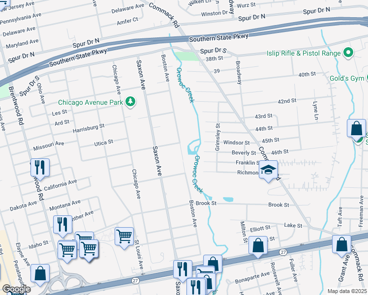 map of restaurants, bars, coffee shops, grocery stores, and more near 1295 Boston Avenue in Bay Shore