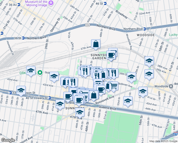 map of restaurants, bars, coffee shops, grocery stores, and more near 39-64A 47th Street in Queens