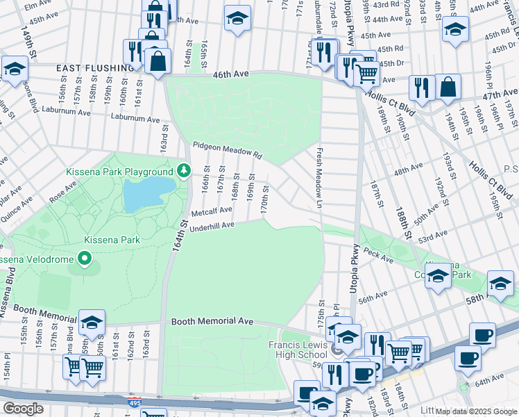 map of restaurants, bars, coffee shops, grocery stores, and more near 49-40 170th Street in Queens