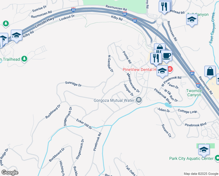 map of restaurants, bars, coffee shops, grocery stores, and more near 7931 Boothill Dr in Park City