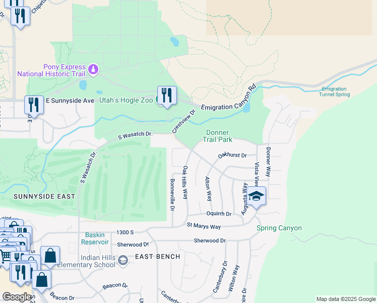 map of restaurants, bars, coffee shops, grocery stores, and more near 990 Oak Hills Way in Salt Lake City