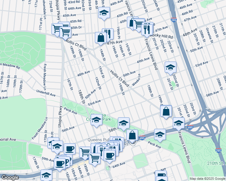 map of restaurants, bars, coffee shops, grocery stores, and more near 50-40 194th Street in Queens