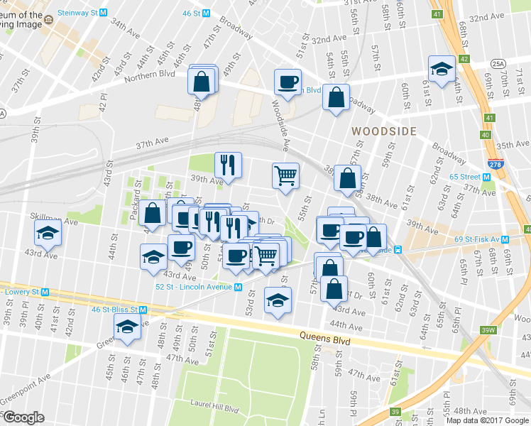 map of restaurants, bars, coffee shops, grocery stores, and more near 52-01 39th Dr in Queens