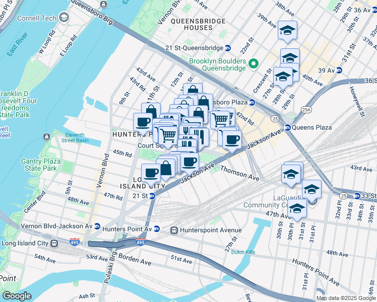 map of restaurants, bars, coffee shops, grocery stores, and more near 21-51 44th Drive in Queens