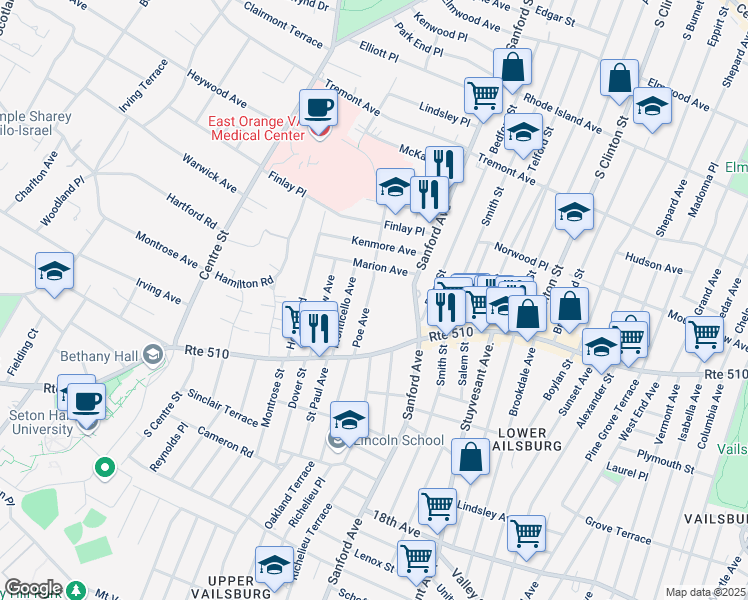 map of restaurants, bars, coffee shops, grocery stores, and more near 54 Poe Avenue in Newark