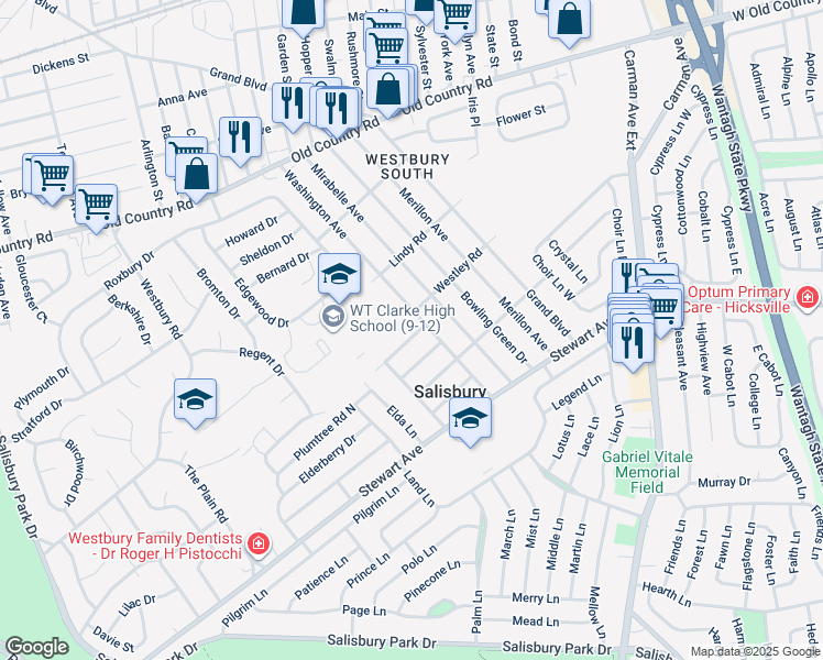 map of restaurants, bars, coffee shops, grocery stores, and more near 2357 Westley Road in Westbury