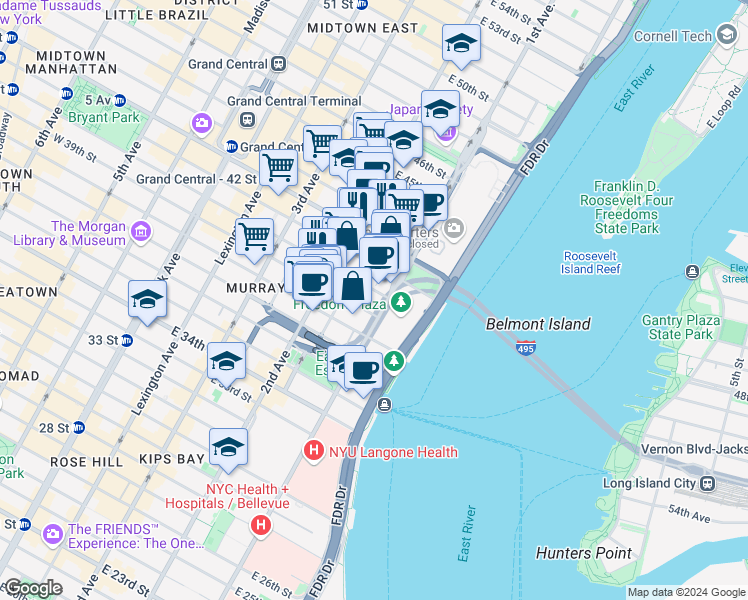 map of restaurants, bars, coffee shops, grocery stores, and more near in New York