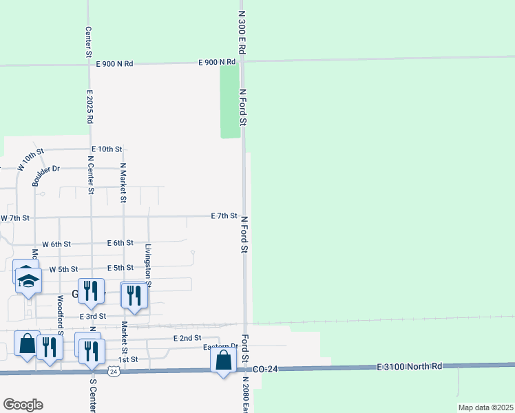 map of restaurants, bars, coffee shops, grocery stores, and more near 705 North Ford Street in Gridley