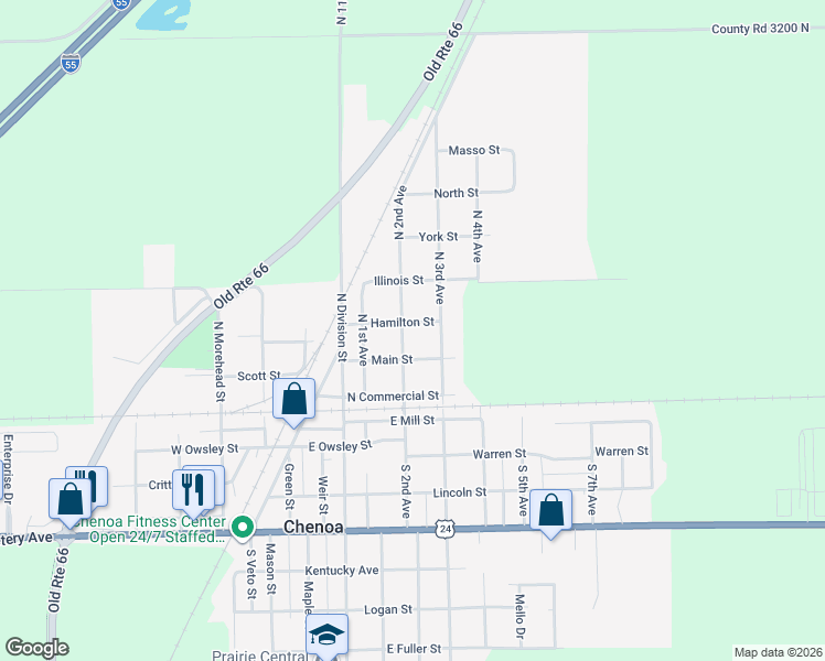 map of restaurants, bars, coffee shops, grocery stores, and more near 224 N 2nd Ave in Chenoa