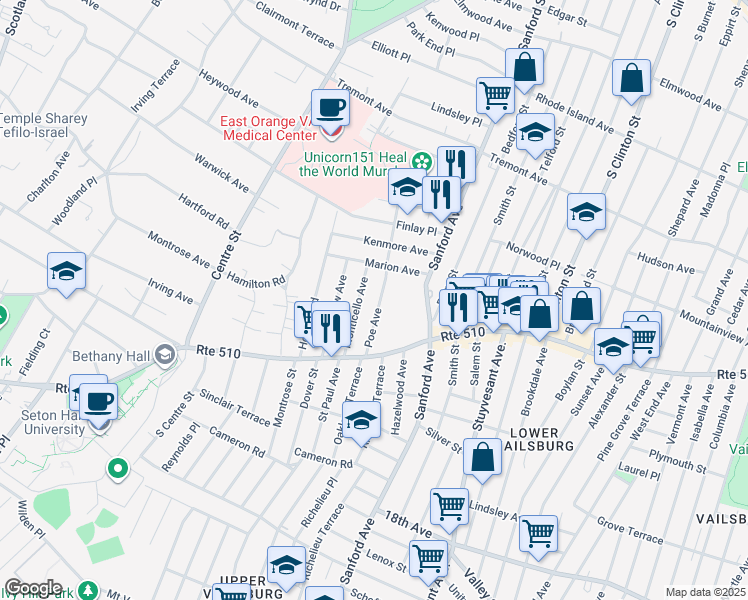 map of restaurants, bars, coffee shops, grocery stores, and more near 53 Monticello Avenue in Newark
