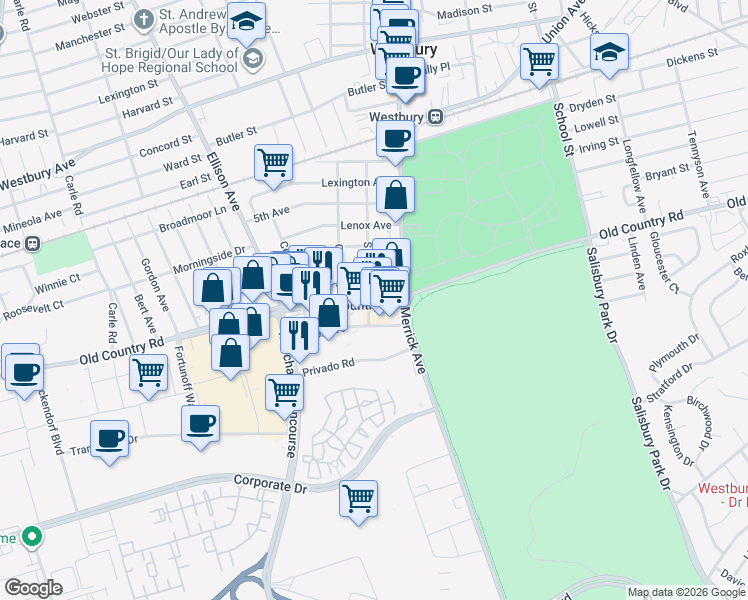 map of restaurants, bars, coffee shops, grocery stores, and more near 61 Old Country Road in Westbury