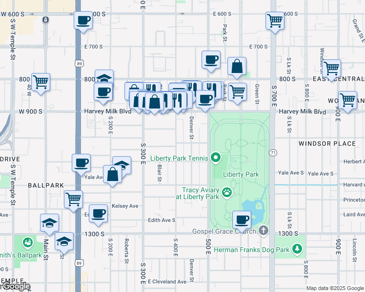 map of restaurants, bars, coffee shops, grocery stores, and more near 418 Williams Avenue South in Salt Lake City