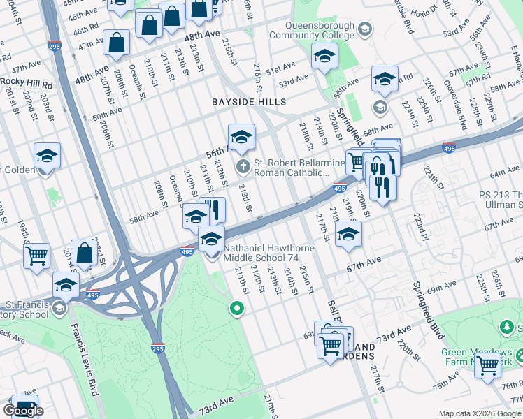 map of restaurants, bars, coffee shops, grocery stores, and more near 58-52 214th Street in Queens