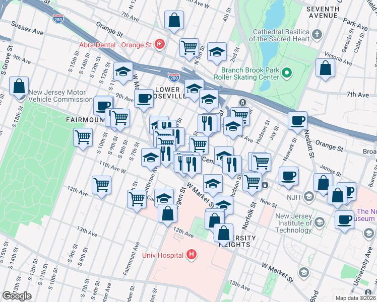 map of restaurants, bars, coffee shops, grocery stores, and more near 421 Central Avenue in Newark