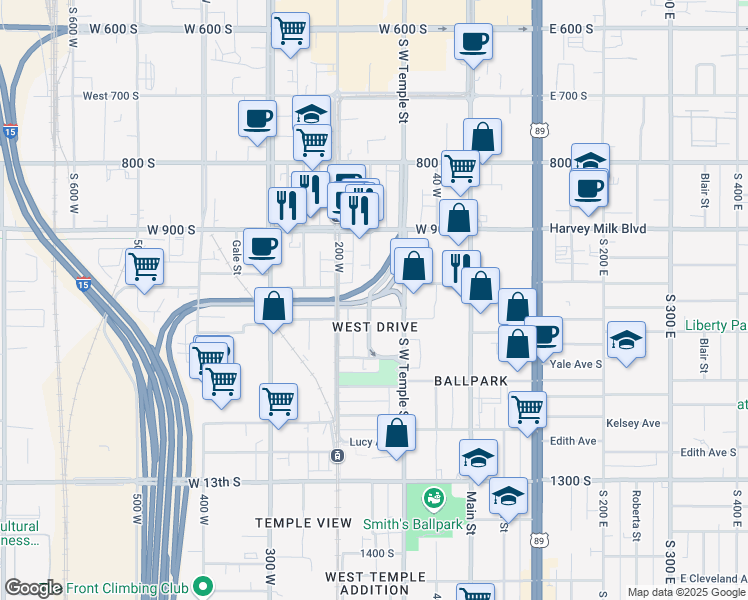 map of restaurants, bars, coffee shops, grocery stores, and more near 140 Mead Avenue South in Salt Lake City