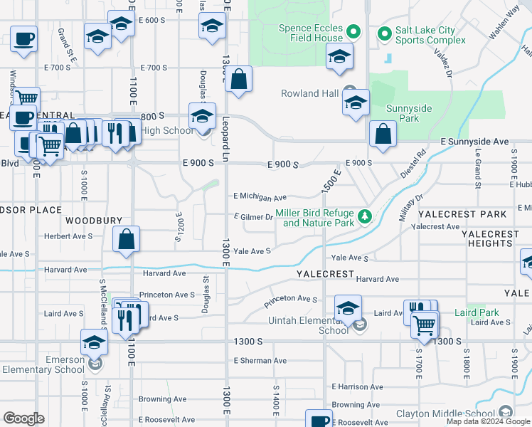 map of restaurants, bars, coffee shops, grocery stores, and more near 1359 East Gilmer Drive in Salt Lake City