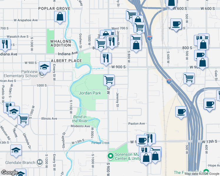 map of restaurants, bars, coffee shops, grocery stores, and more near 989 South 900 West in Salt Lake City