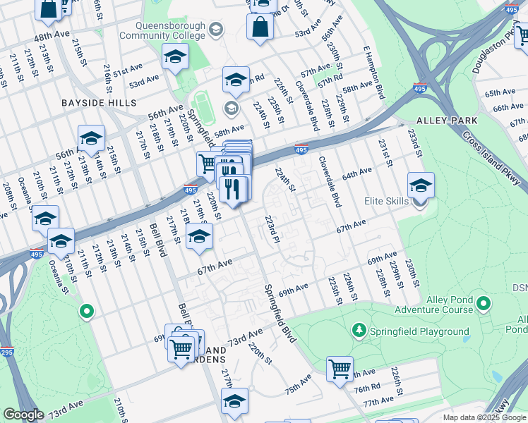 map of restaurants, bars, coffee shops, grocery stores, and more near 221-22 64th Avenue in Queens