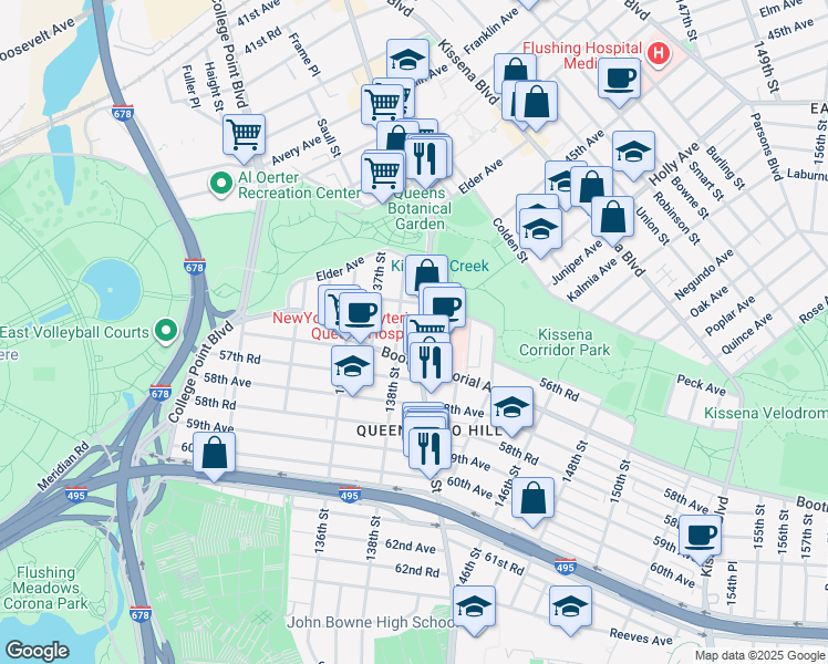 map of restaurants, bars, coffee shops, grocery stores, and more near 56-29 138th Street in Queens
