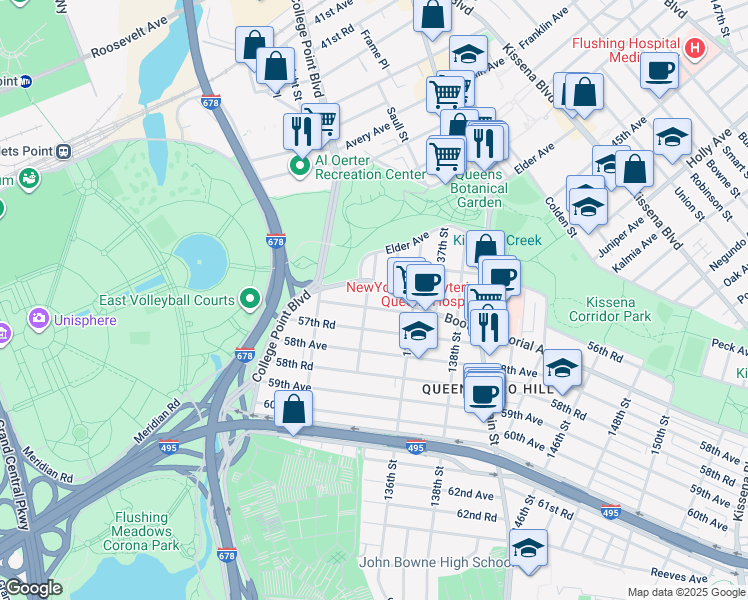 map of restaurants, bars, coffee shops, grocery stores, and more near 134-28 Booth Memorial Avenue in Queens