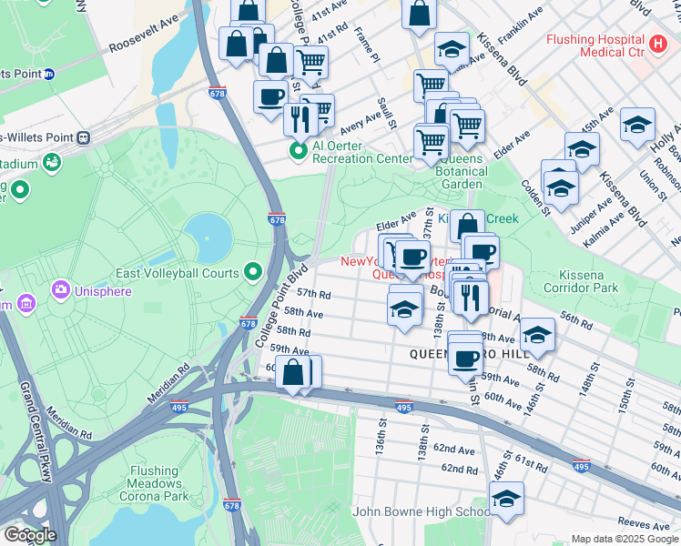 map of restaurants, bars, coffee shops, grocery stores, and more near 132-37 57th Avenue in Queens